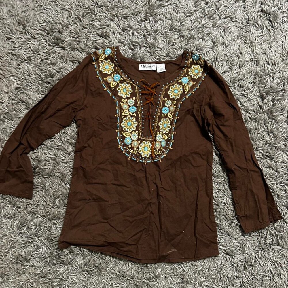 90s 2000s Cotton boho Beaded Long Sleeve Top Size M